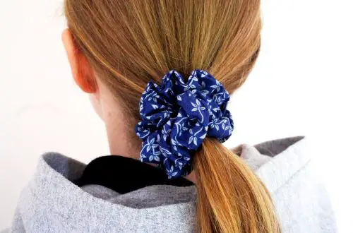 blue flowery scrunchie in hair