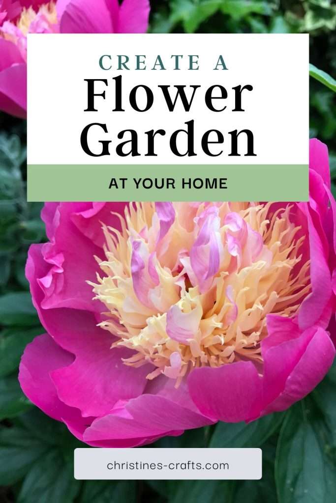 flower garden Pinterest pin with pink peony on it.