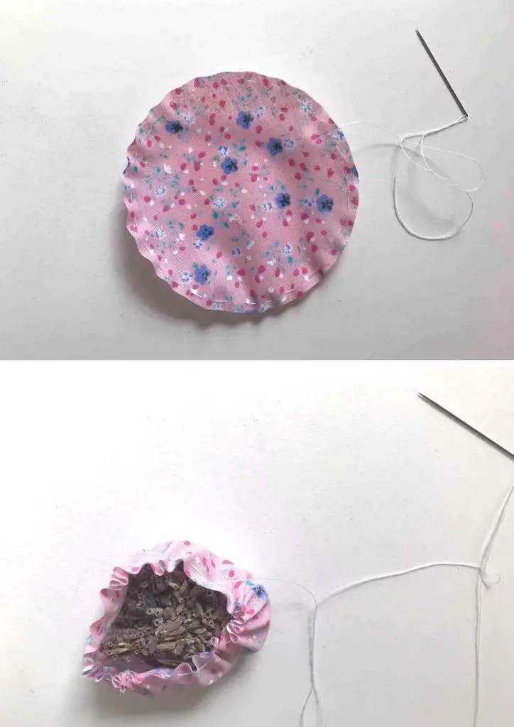 circular hat piece drawn up and filled with lavender