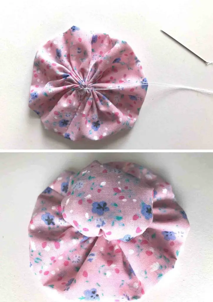 brim drawn up and sewn to lavender ball