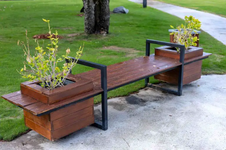 wooden bench with planters