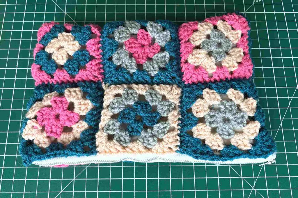 lining sewn into granny square bag