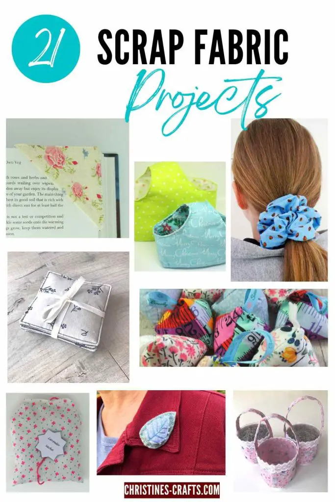 Pinterest pin showing some of the 21 scrap fabric projects on this page