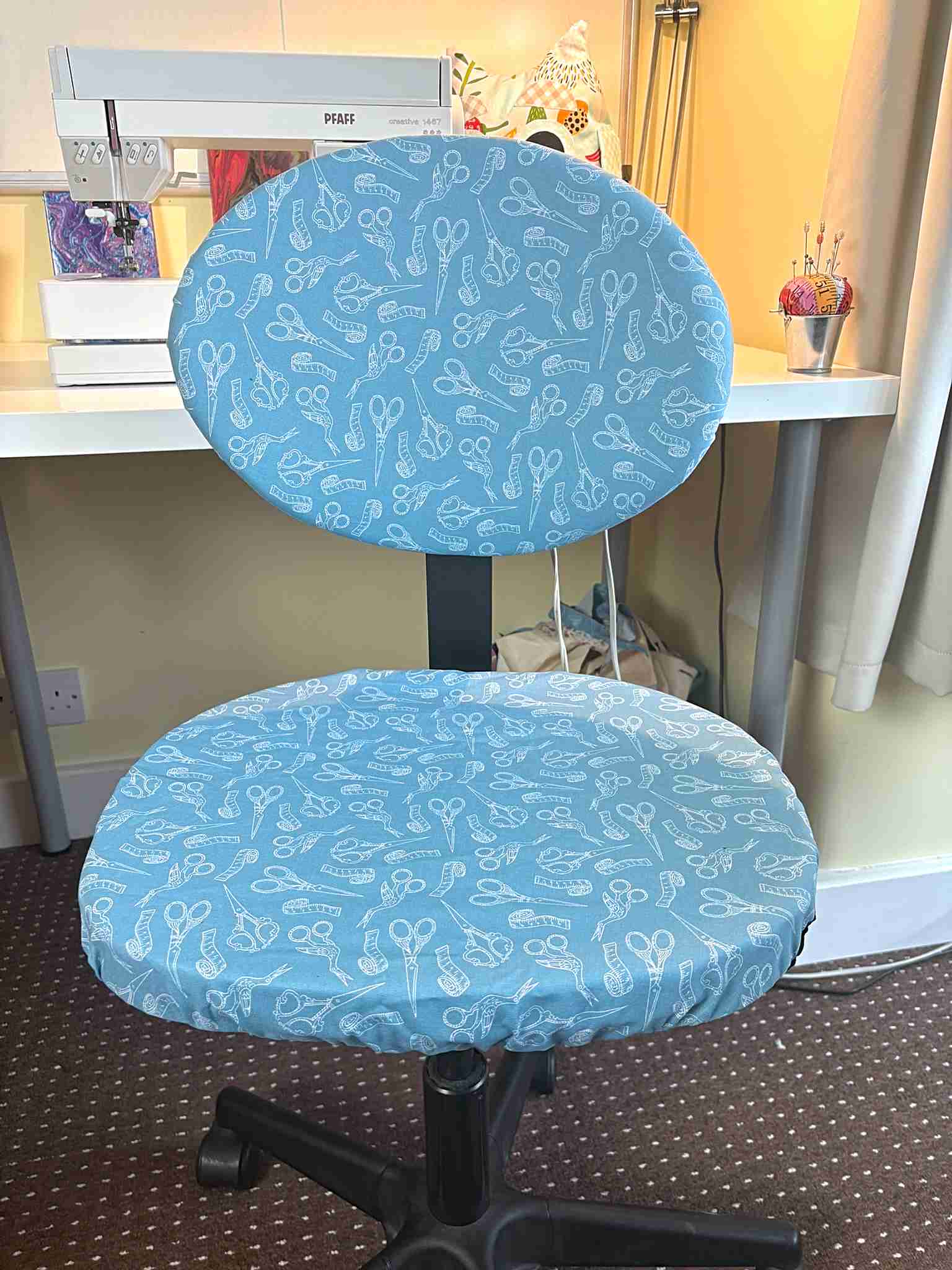 upcycled office chair with sewing fabric