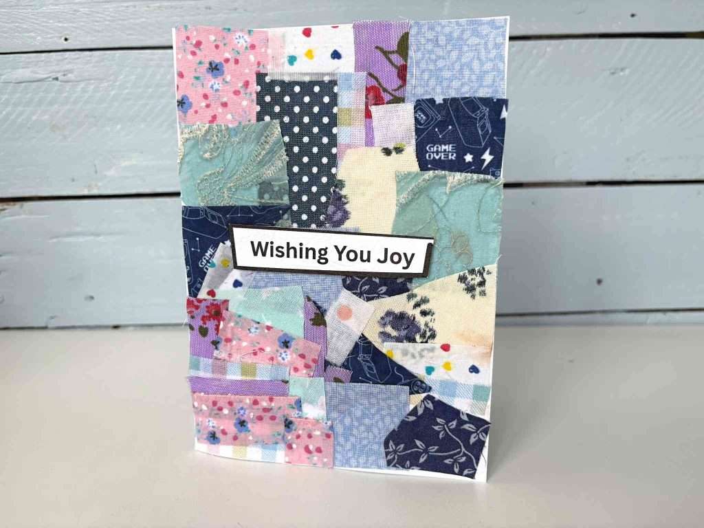 diy scrap fabric card in mainly blues