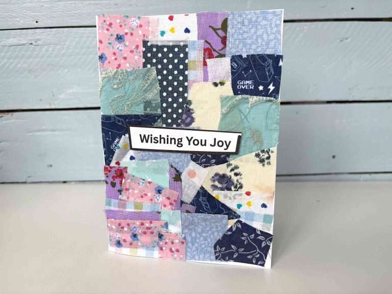 diy scrap fabric card in mainly blues