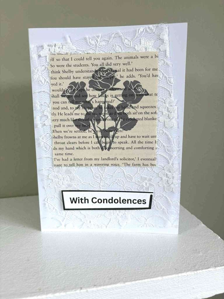 lace and book page condolences card