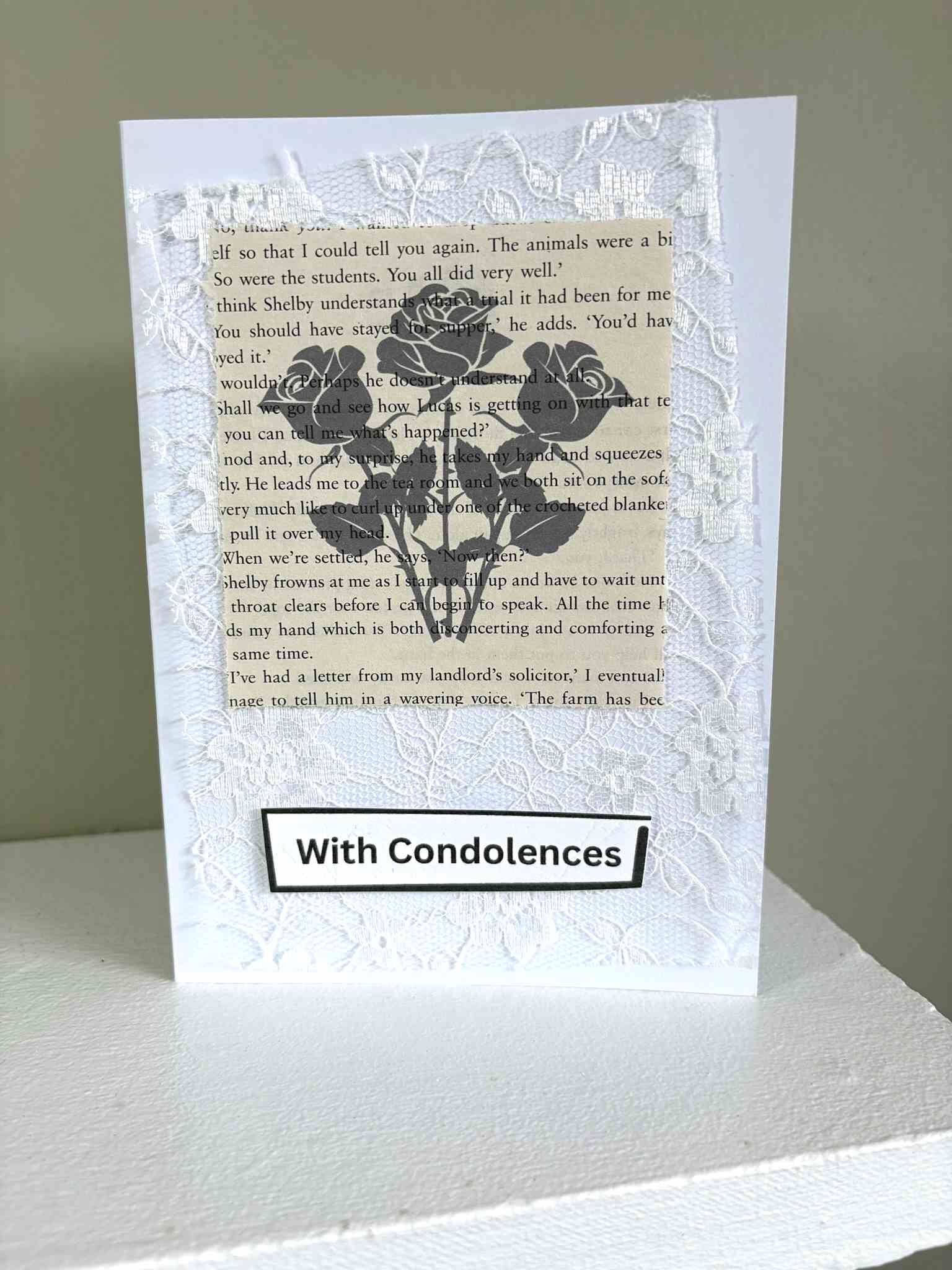 lace and book page condolences card