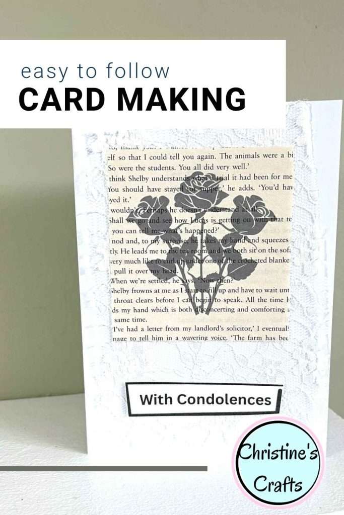 Pinterest pin for mixed media condolences card using old book page and lace