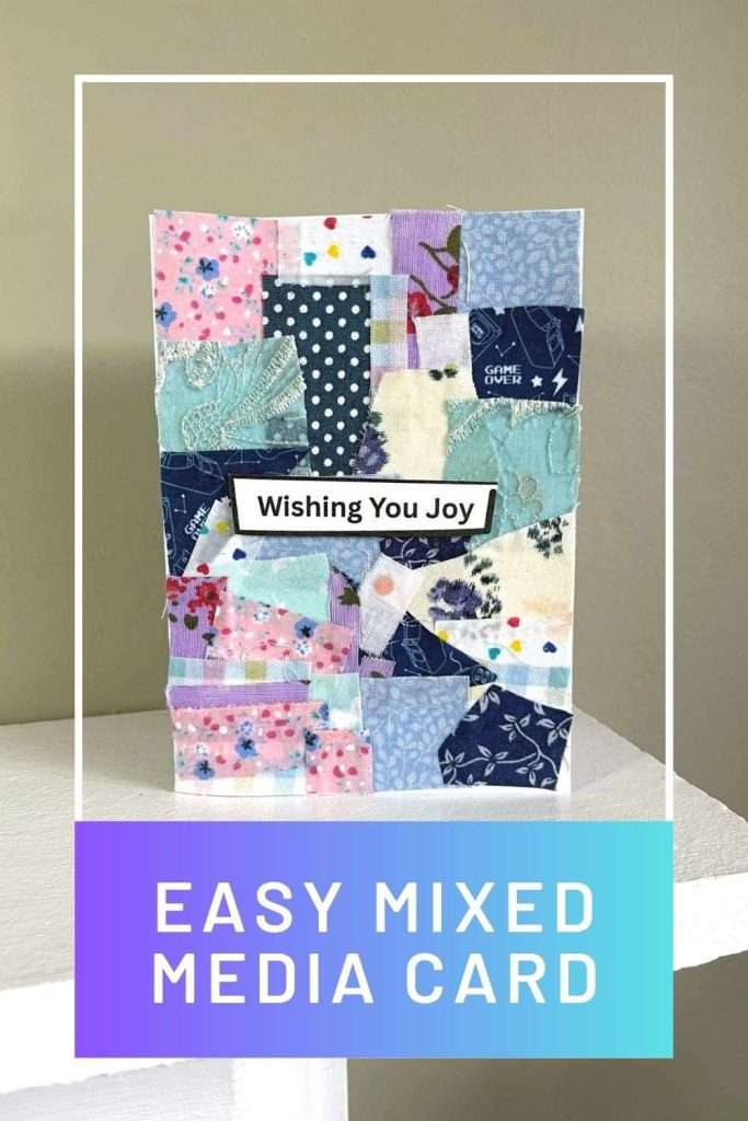 scrap fabric card Pinterest pin showing scrap fabric card in mainly blues
