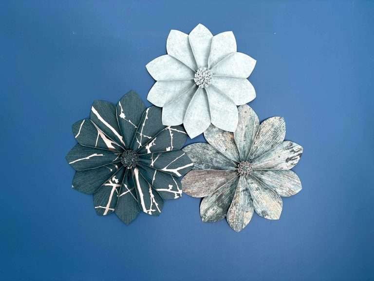 3 blue wallpaper flowers on blue background - 3D wall art