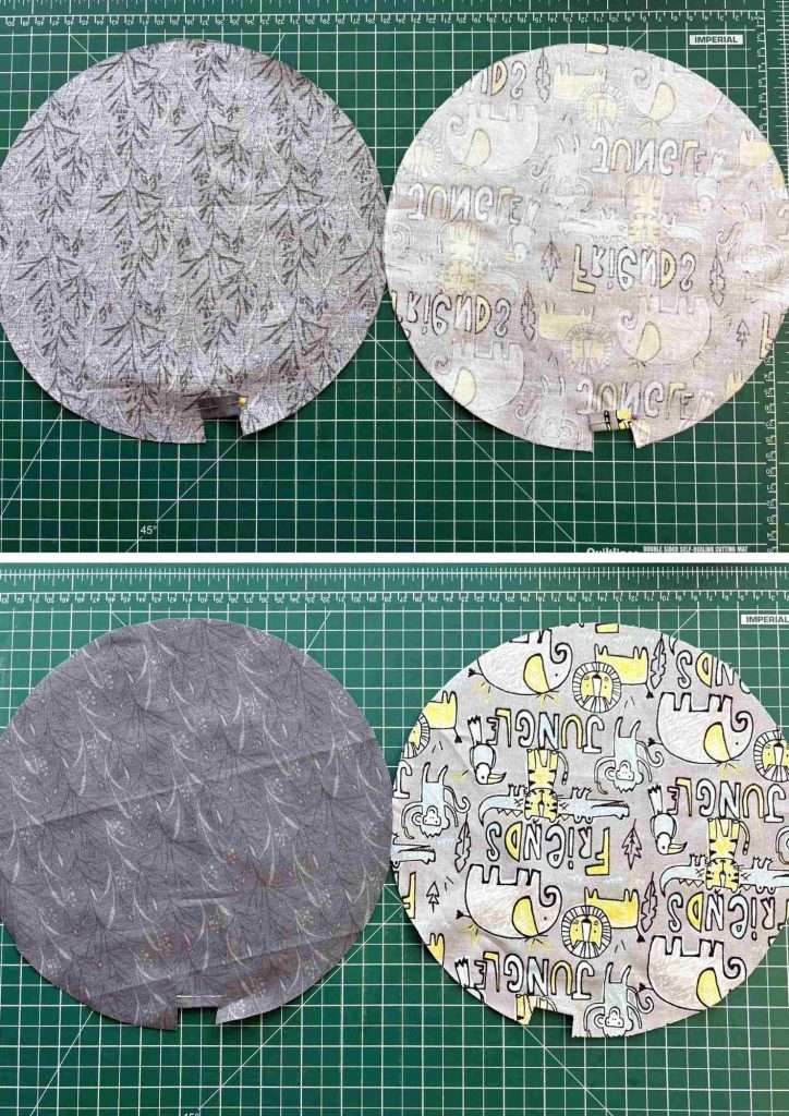 2 fabric circles pinned and sewn flaps