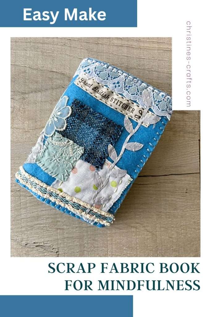 Pinterest pin for scrappy fabric book tutorial