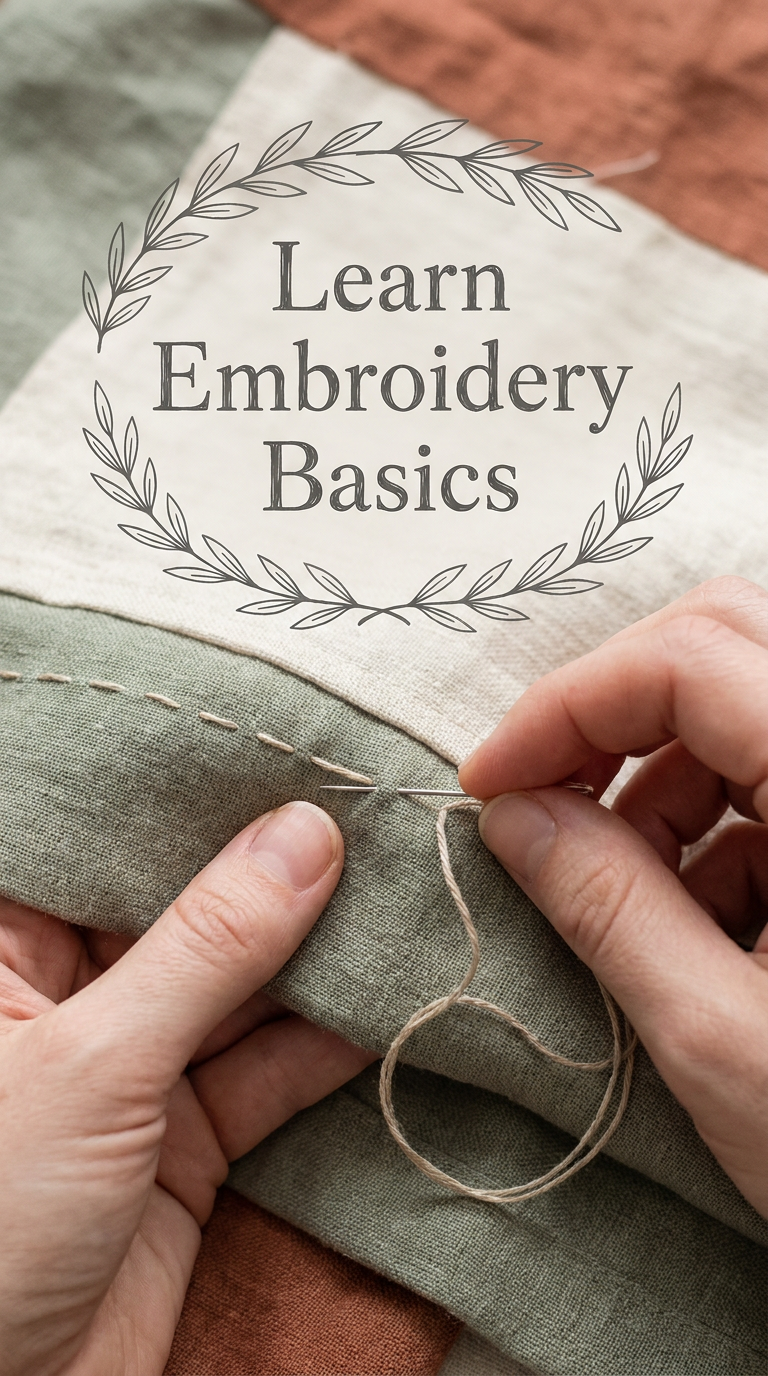 a Pinterest pin with an image of someone doing a running stitch in muted tones.
Overlay text saying 'Learn Embroidery Basics'