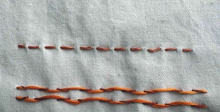 row of running stitch & whipped running stitch