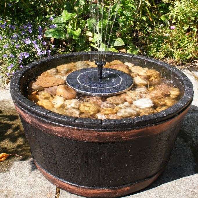 solar powered water feature in a barrel