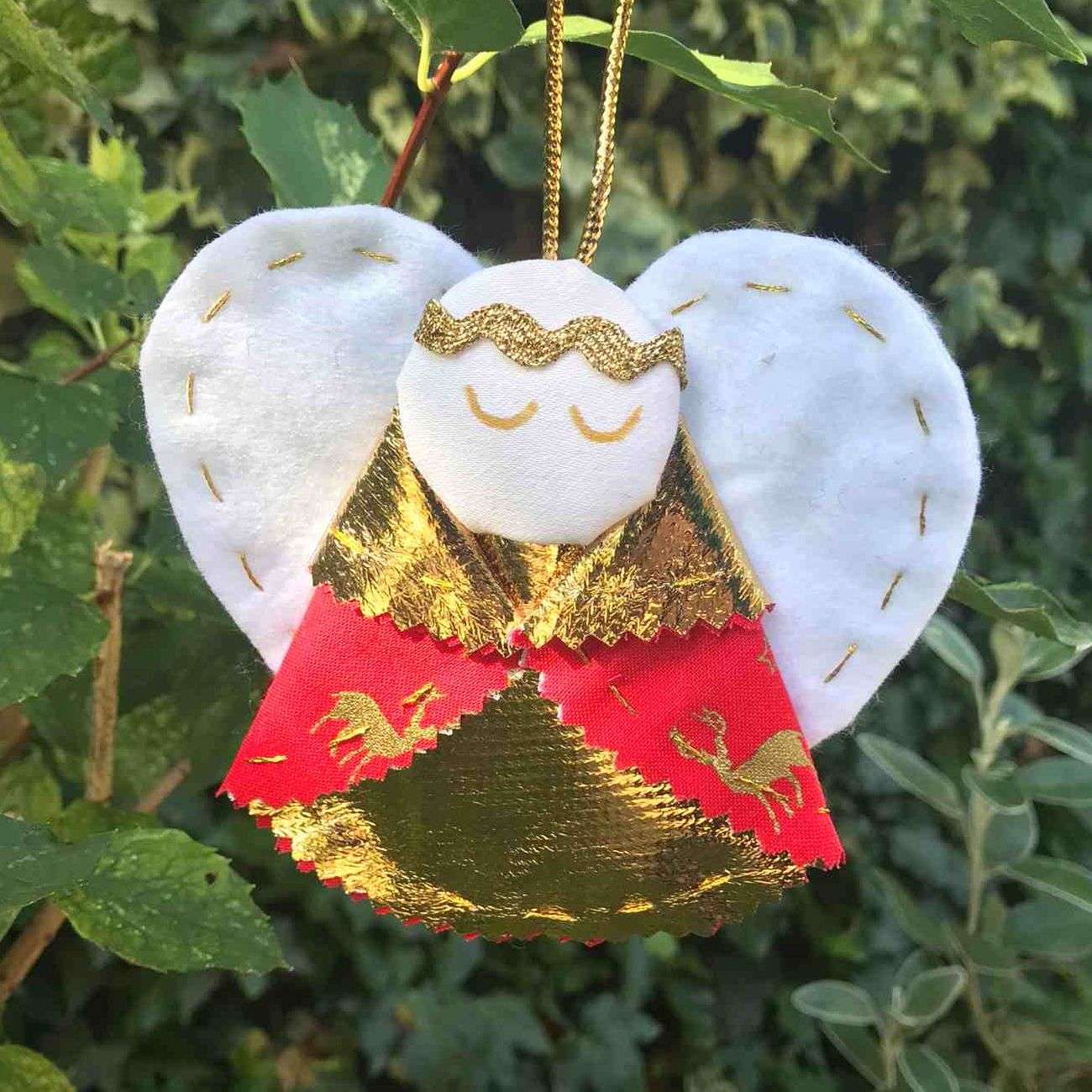 fabric tree hanging Christmas angel mainly gold, red and white