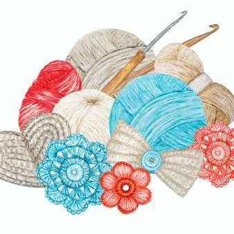 sketch of balls of wool and crochet hooks