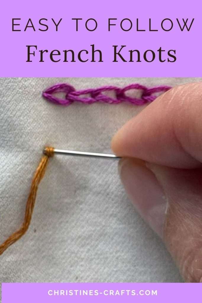 french knots Pinterest pin showing stitch being done