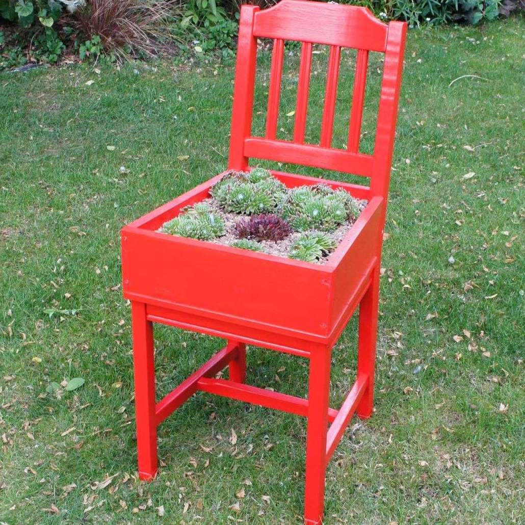 red chair planted up with succulents