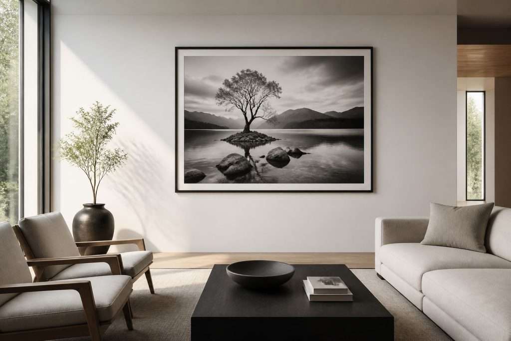 large black and white photgraph framed and on a wall