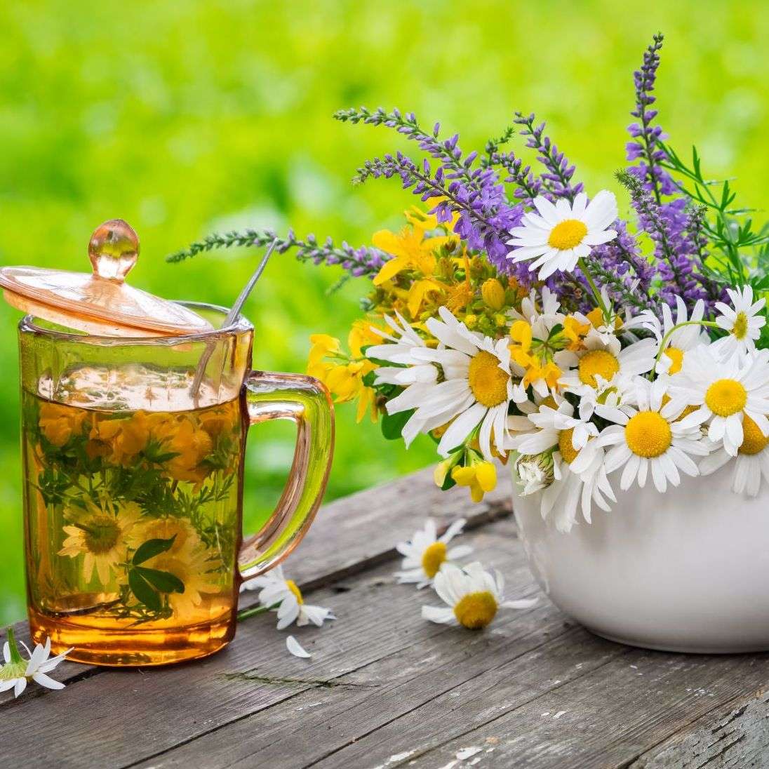 garden flowers and a drink signifying an apothecary garden