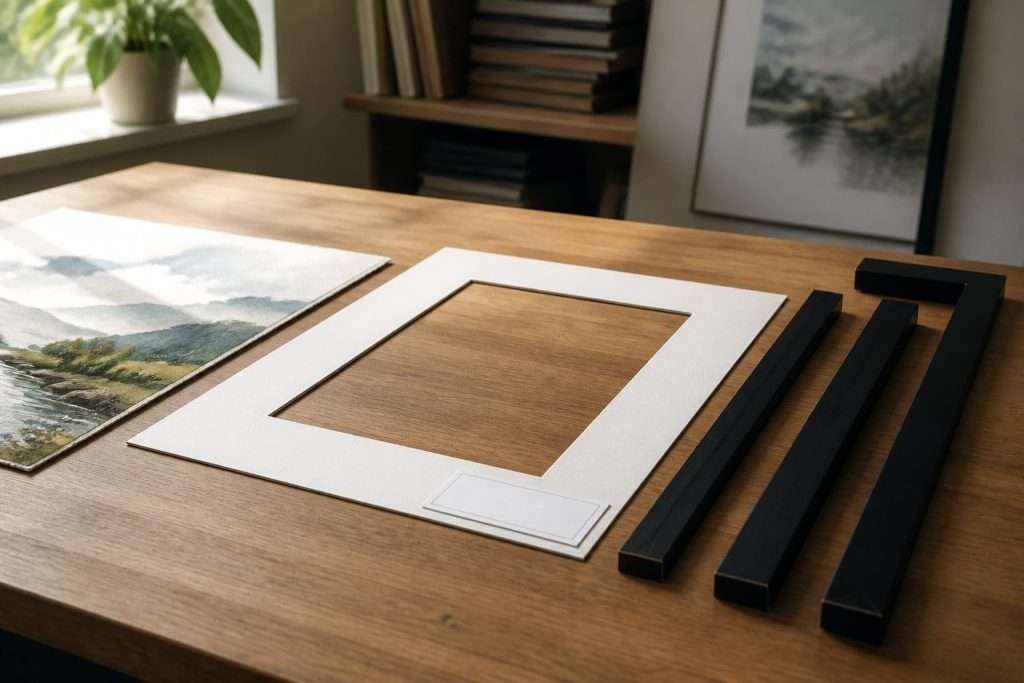 art supplies and frame on a table