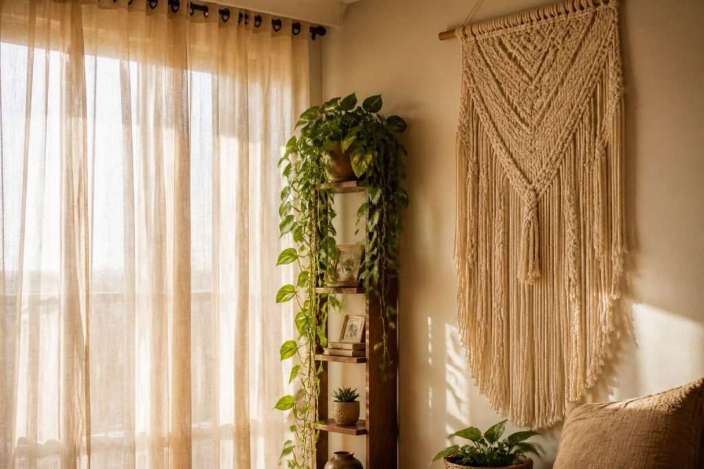 bright lounge interior with vertical macrame wall hanging
