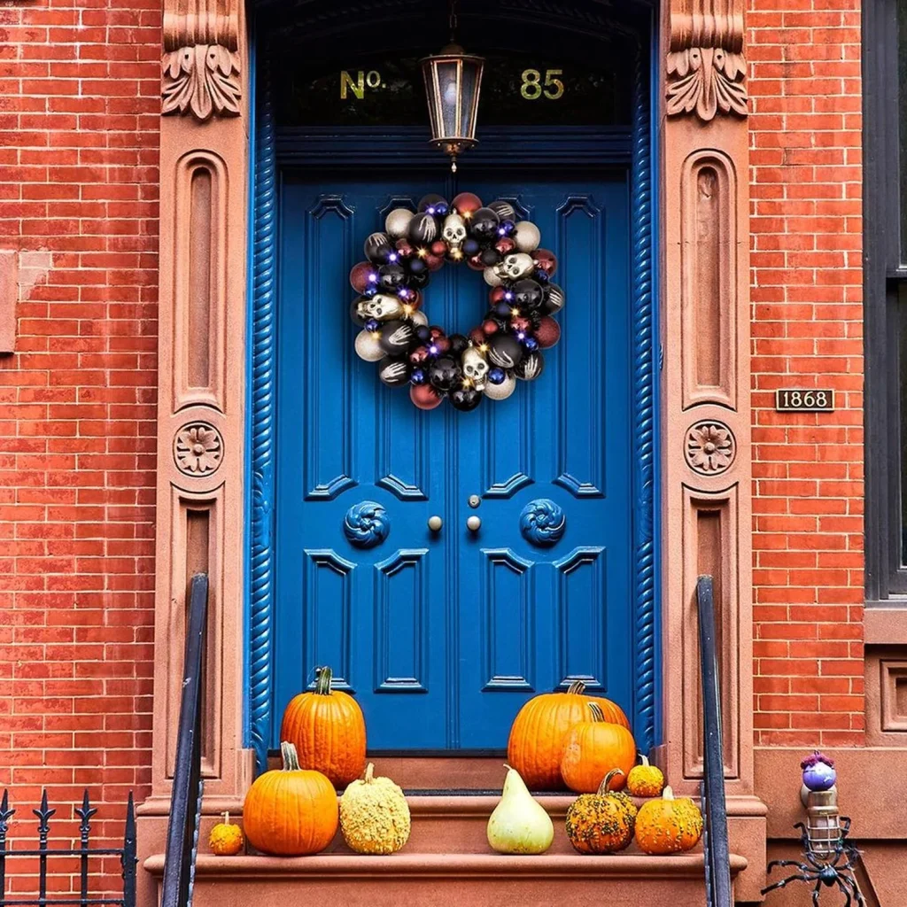 Spooky Halloween wreath on blue door.