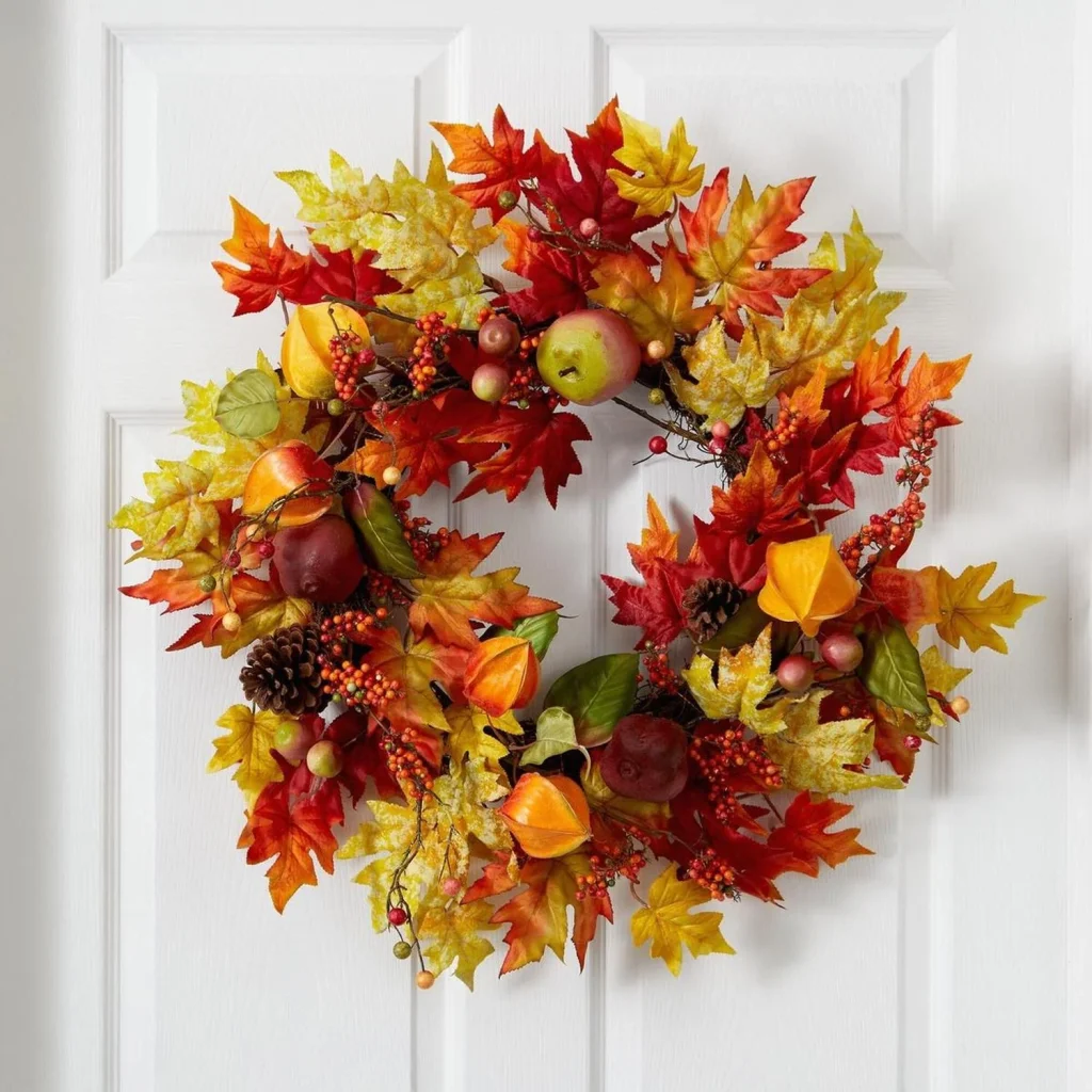Autumn maple leaf wreath on display.
