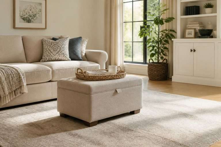 cozy living room showing a space saving ottoman with storage in it