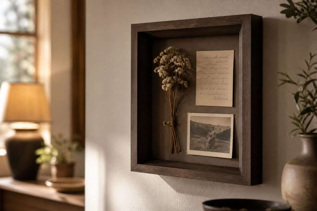 3d frame with pretty collected items in it