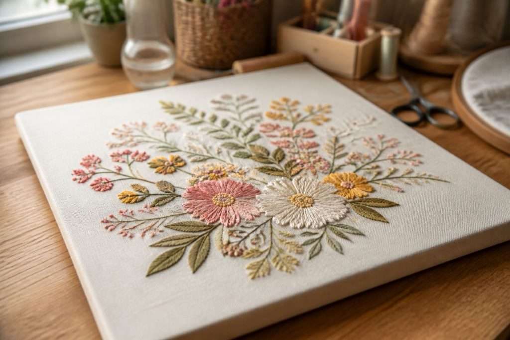 detailed flower embroidery on a table