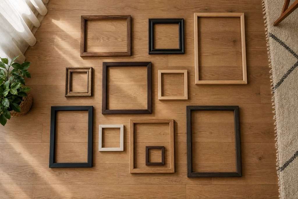 wooden frames laid out on a wooden floor