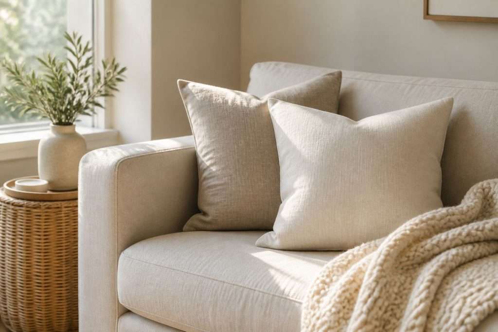 beige sofa with added soft cushions