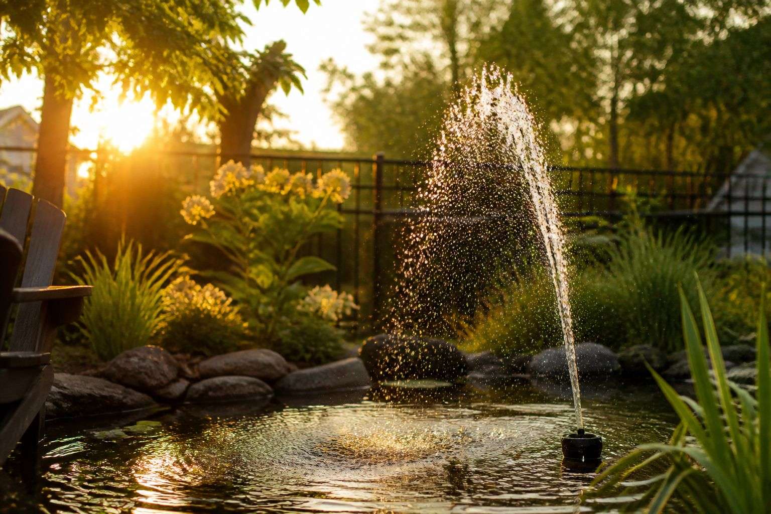 fountain in a lake during golde nhour