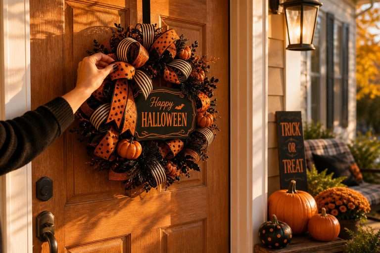 hand adjusting an autumn wreath on a front door