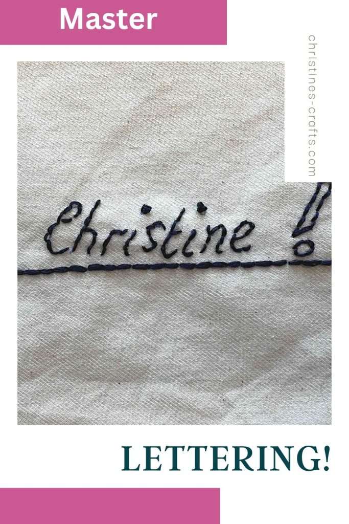 back stitch Pinterest pin showing 'Christine' in blue thread