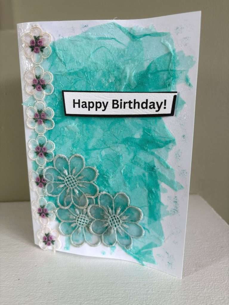 blue mixed media birthday card with lace