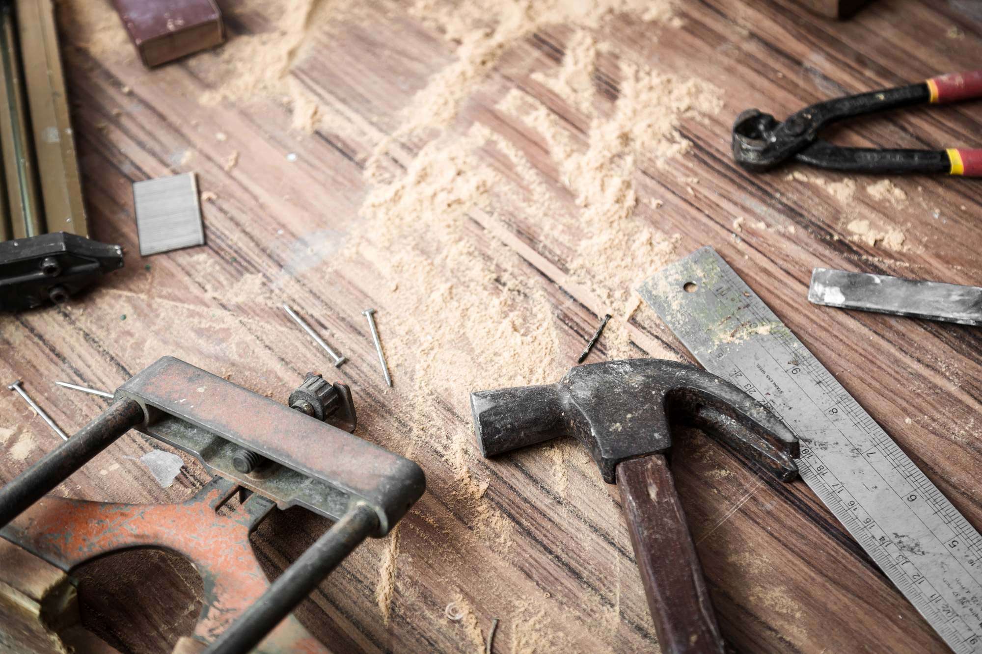 woodworking tools on a bench