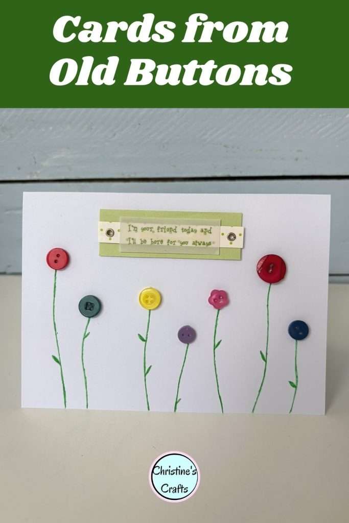 Pinterest pin showing card made using old buttons as flowers