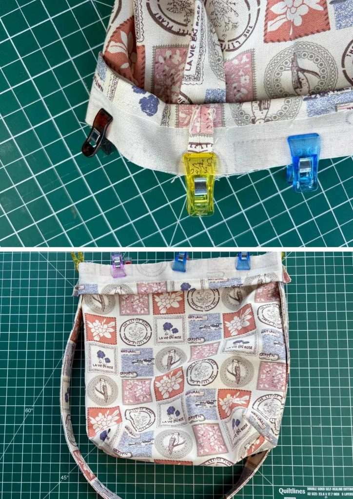 facings pinned to bag with strap
