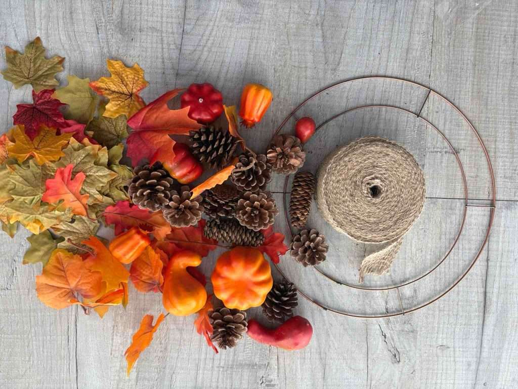 supplies for DIY autumn wreath